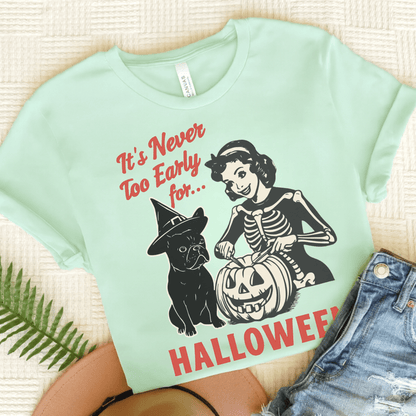 Black French Bulldog Early Halloween TShirt Heather Mint
