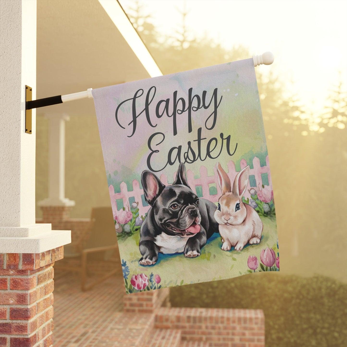 Printify Home Decor Black French Bulldog Easter Garden Flag, Front Yard Spring Decor, Flower Decorations