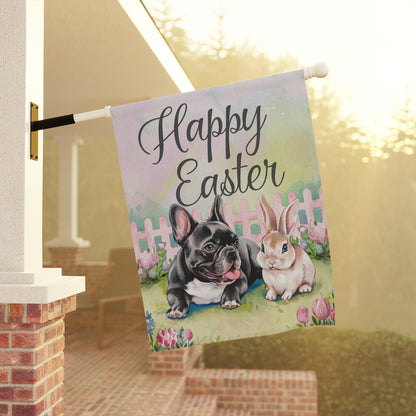 Printify Home Decor Black French Bulldog Easter Garden Flag, Front Yard Spring Decor, Flower Decorations