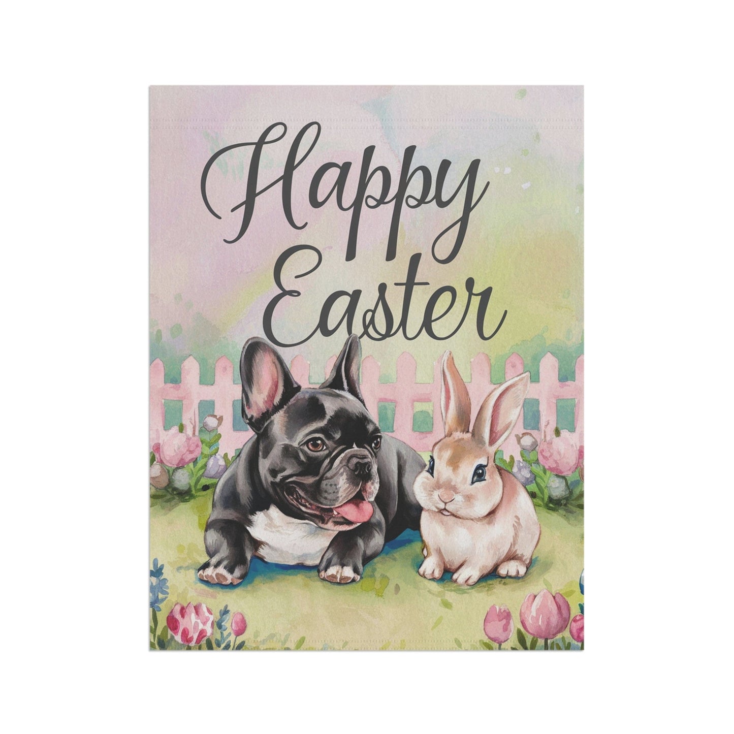 Printify Home Decor Black French Bulldog Easter Garden Flag, Front Yard Spring Decor, Flower Decorations