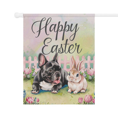 Printify Home Decor Black French Bulldog Easter Garden Flag, Front Yard Spring Decor, Flower Decorations