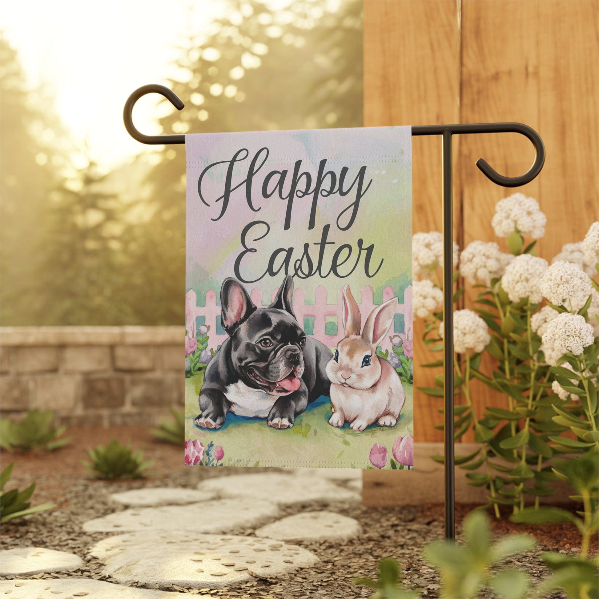 Printify Home Decor Black French Bulldog Easter Garden Flag, Front Yard Spring Decor, Flower Decorations