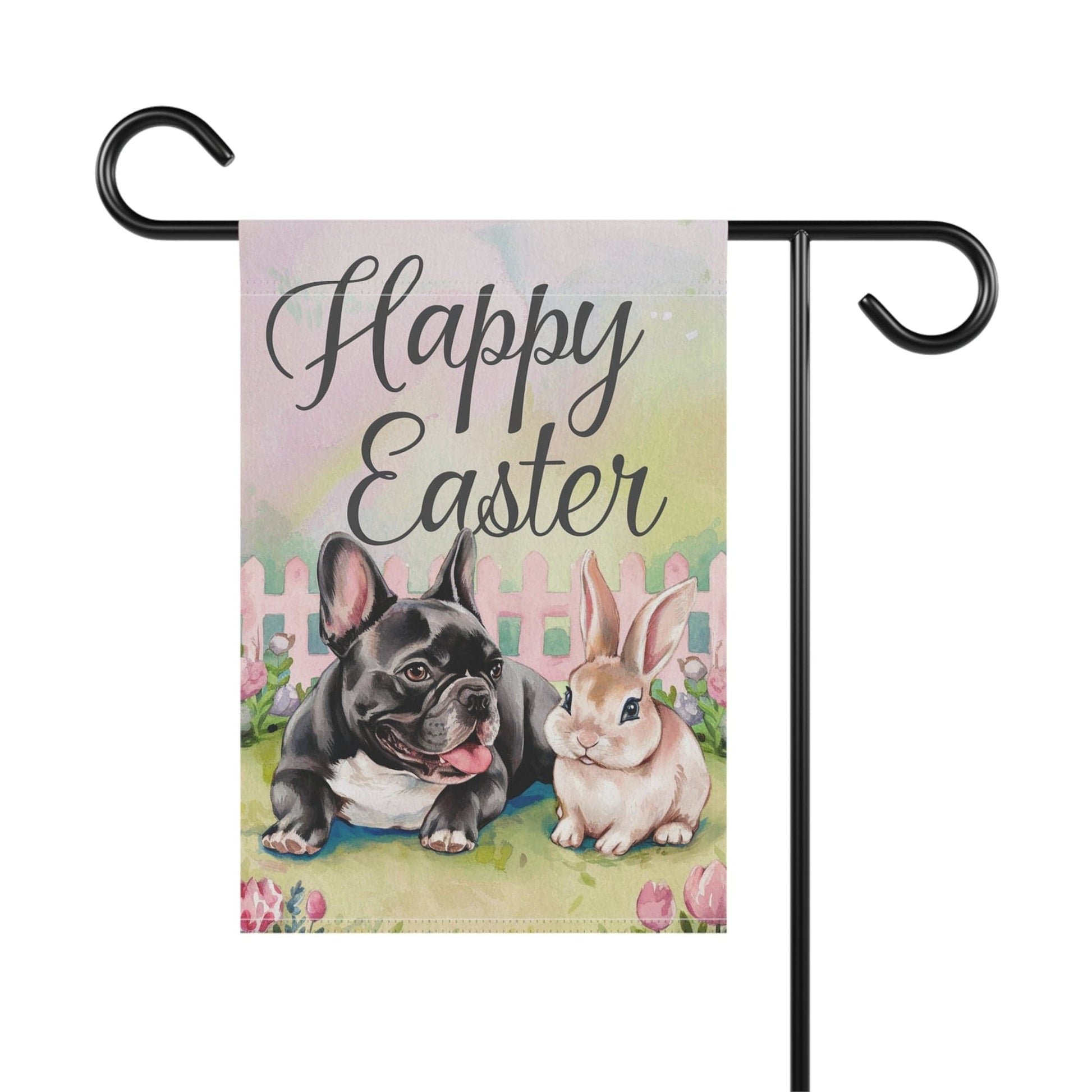 Printify Home Decor Black French Bulldog Easter Garden Flag, Front Yard Spring Decor, Flower Decorations