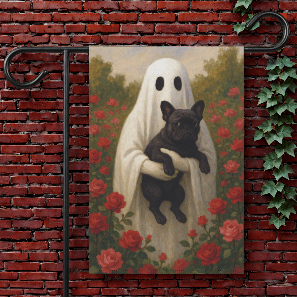 Black French Bulldog Ghostie Halloween Garden Flag 12'' × 18''