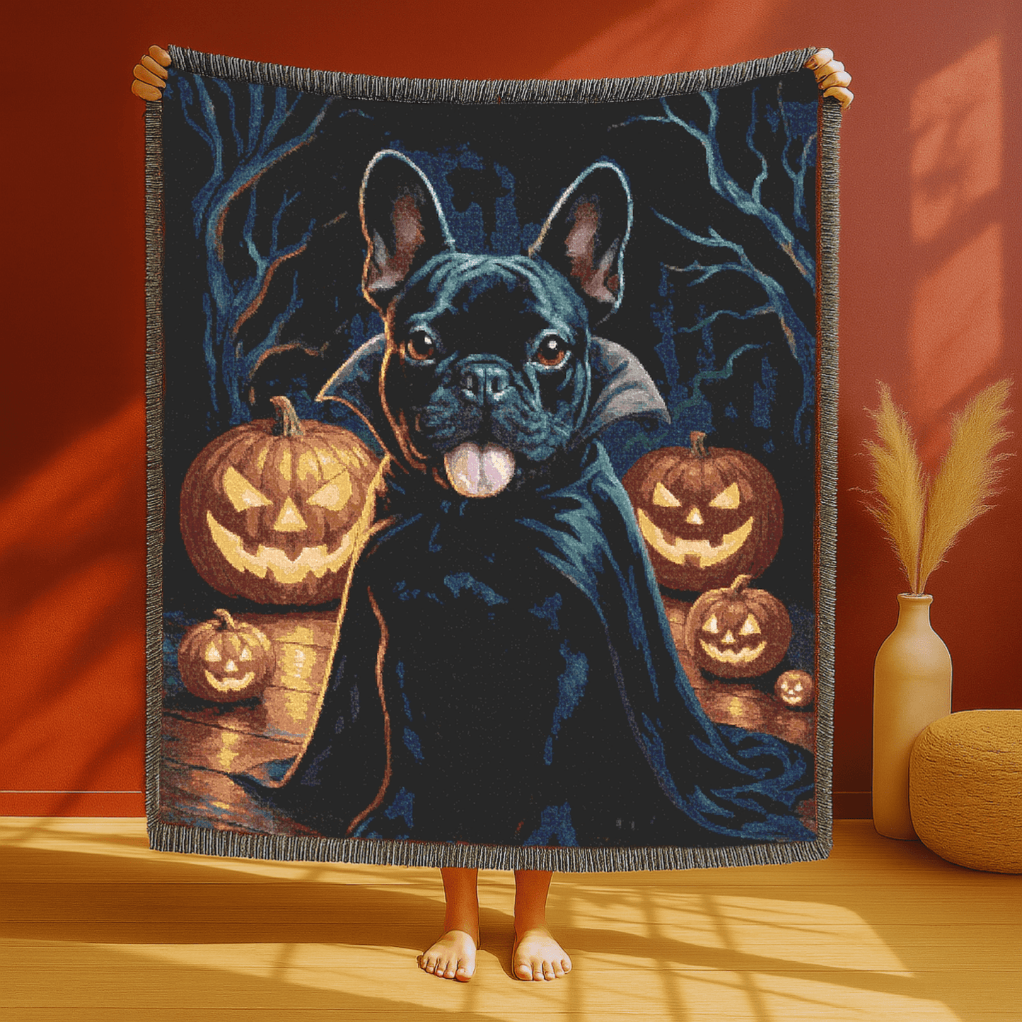 Printify Blanket Black French Bulldog Halloween Woven Blanket