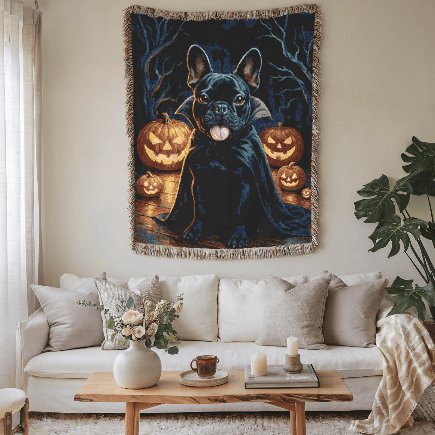 Printify Blanket Black French Bulldog Halloween Woven Blanket