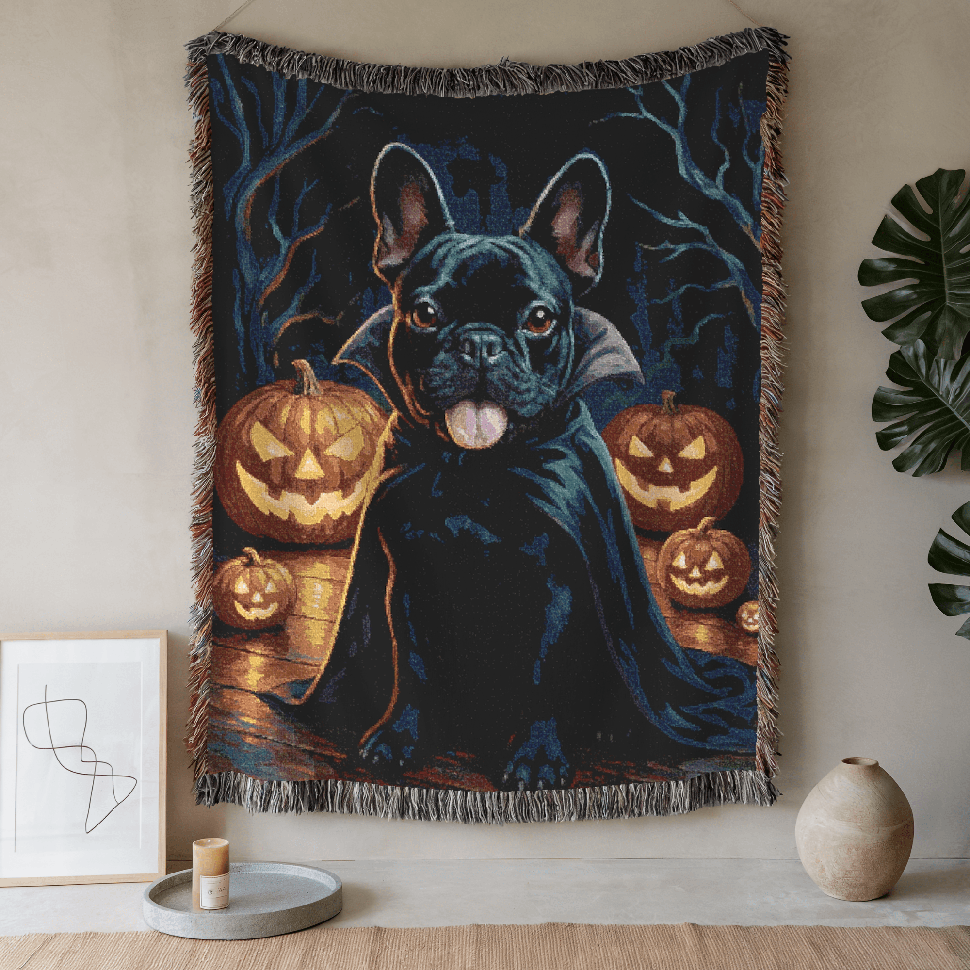 Printify Blanket 52'' × 37'' Black French Bulldog Halloween Woven Blanket