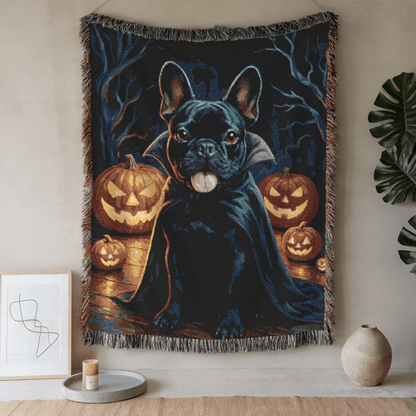 Printify Blanket 52'' × 37'' Black French Bulldog Halloween Woven Blanket