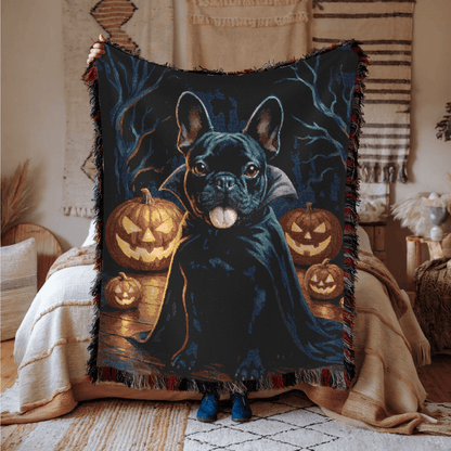 Printify Blanket Black French Bulldog Halloween Woven Blanket