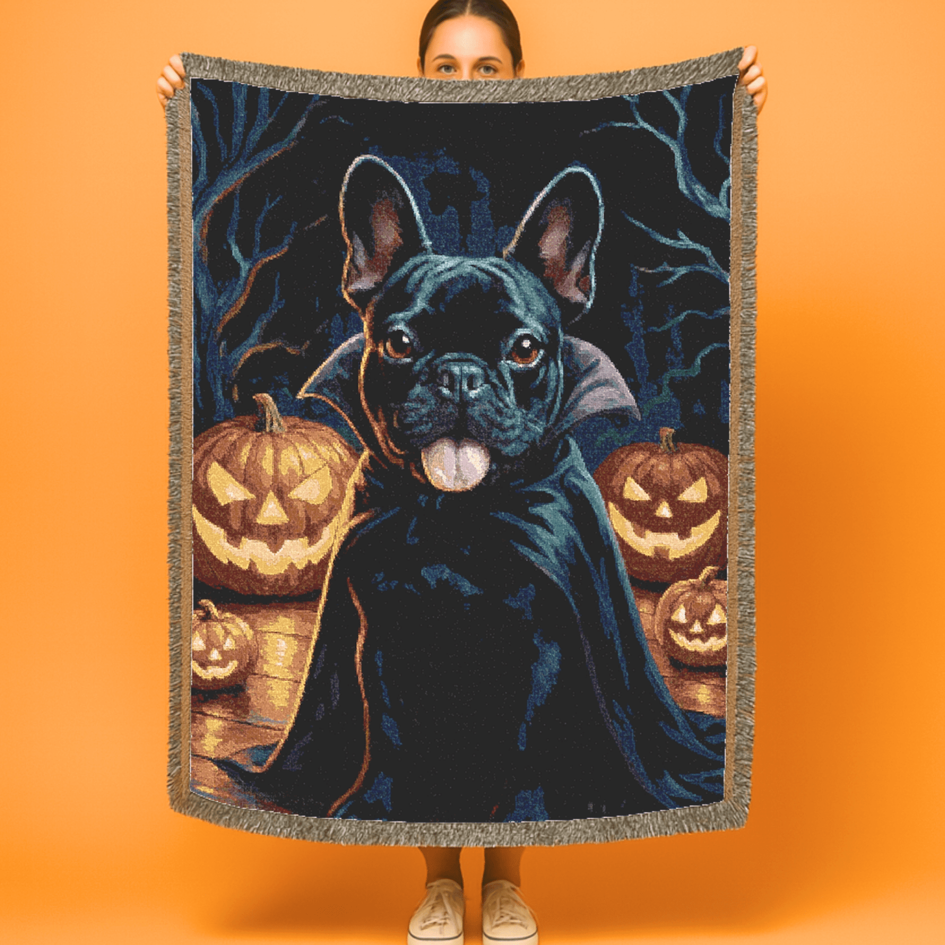 Printify Blanket Black French Bulldog Halloween Woven Blanket