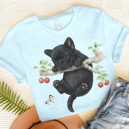 Printify T-Shirt Heather Ice Blue / S Black French Bulldog Hang In There Tshirt