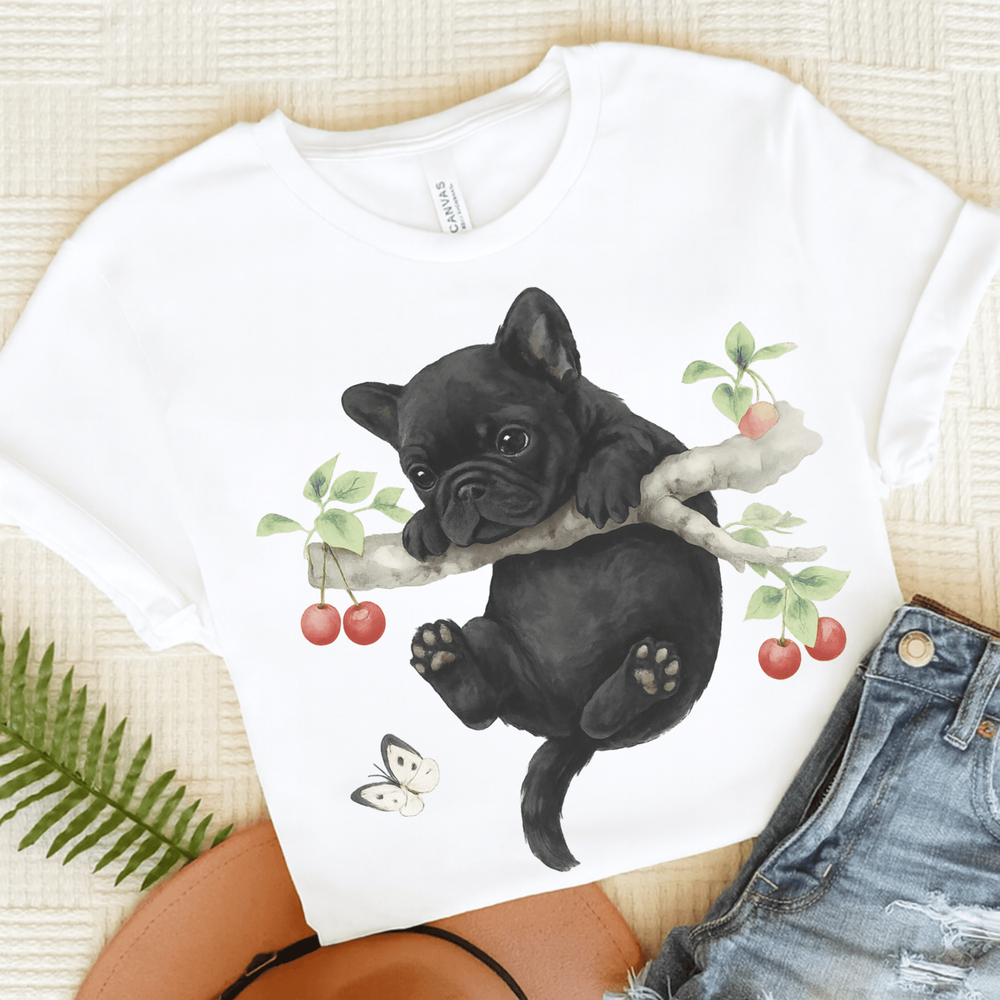 Printify T-Shirt White / S Black French Bulldog Hang In There Tshirt