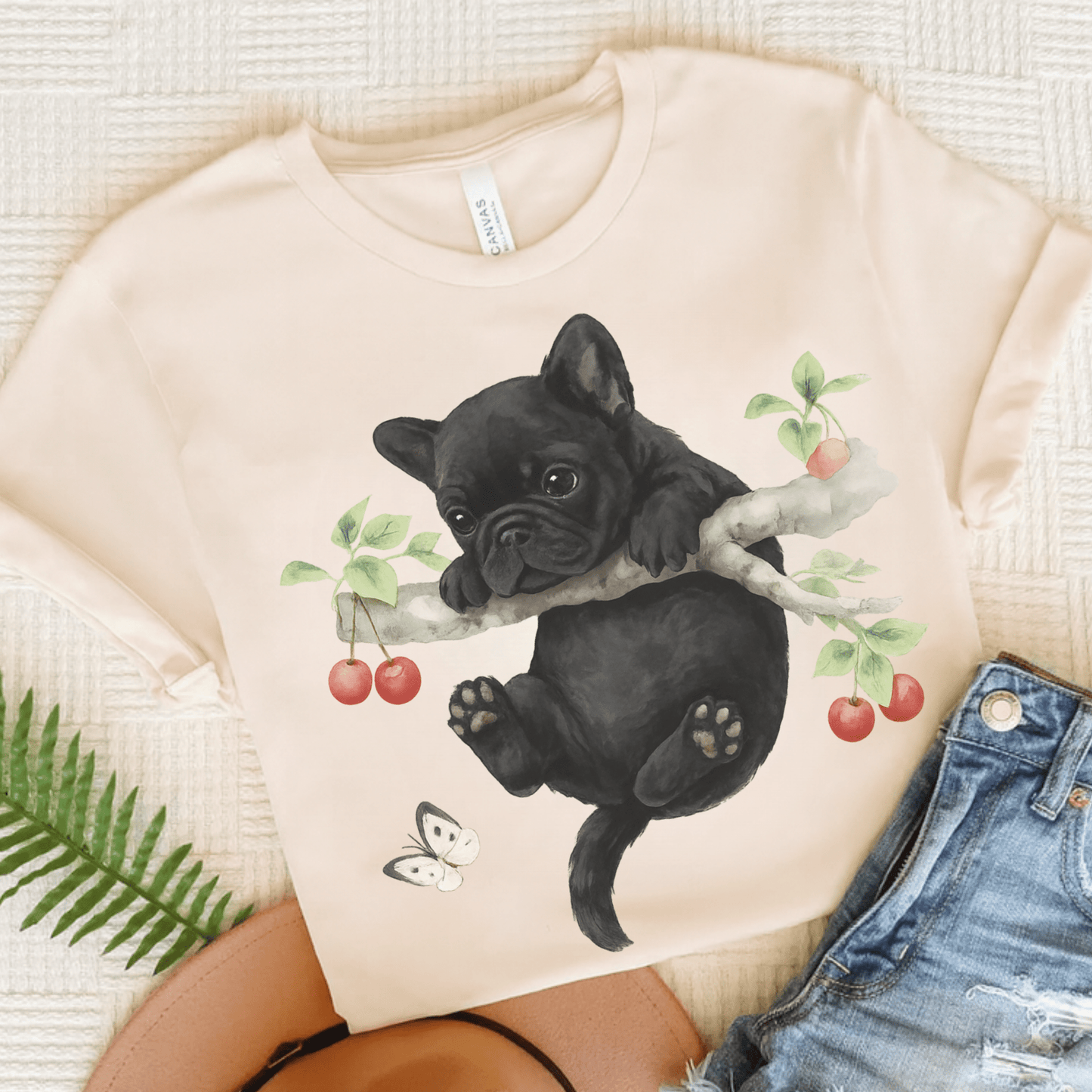 Printify T-Shirt Natural / S Black French Bulldog Hang In There Tshirt