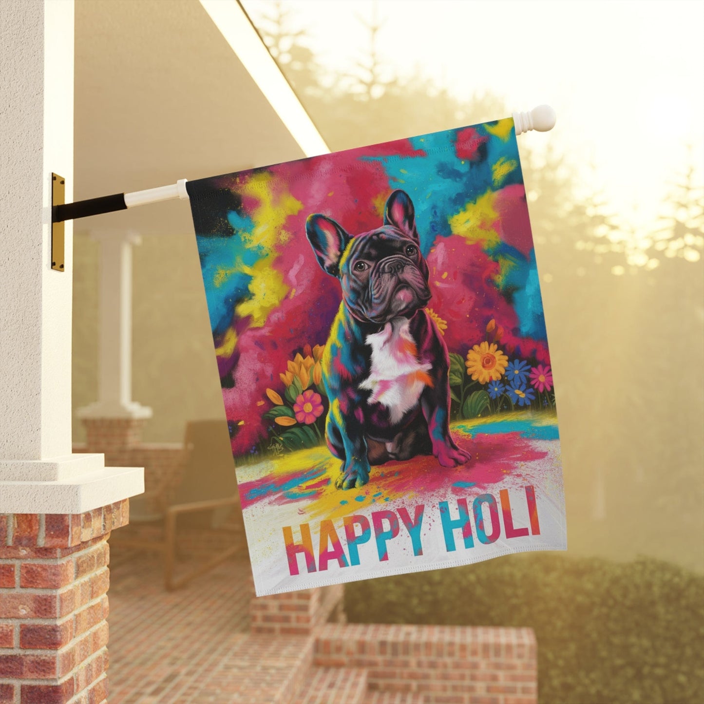 Printify Home Decor Black French Bulldog Holi Garden Flag, Indian Spring Festival, Dog Lovers Yard Outside Decor