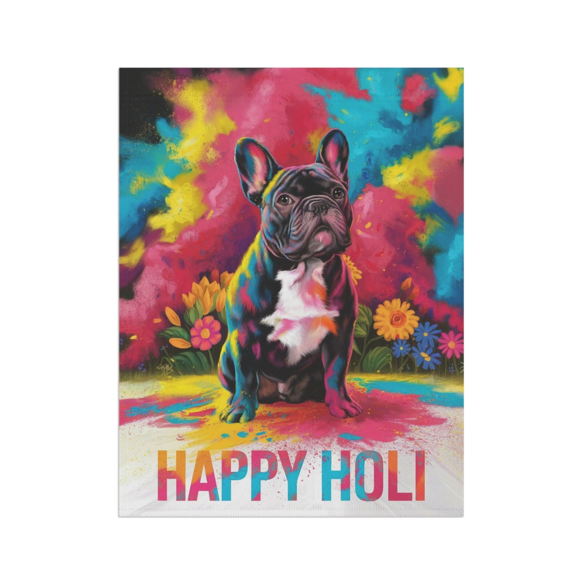 Printify Home Decor Black French Bulldog Holi Garden Flag, Indian Spring Festival, Dog Lovers Yard Outside Decor