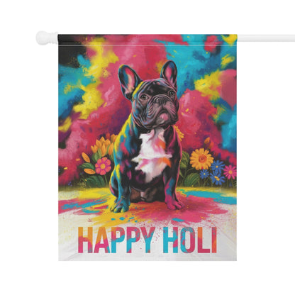 Printify Home Decor Black French Bulldog Holi Garden Flag, Indian Spring Festival, Dog Lovers Yard Outside Decor
