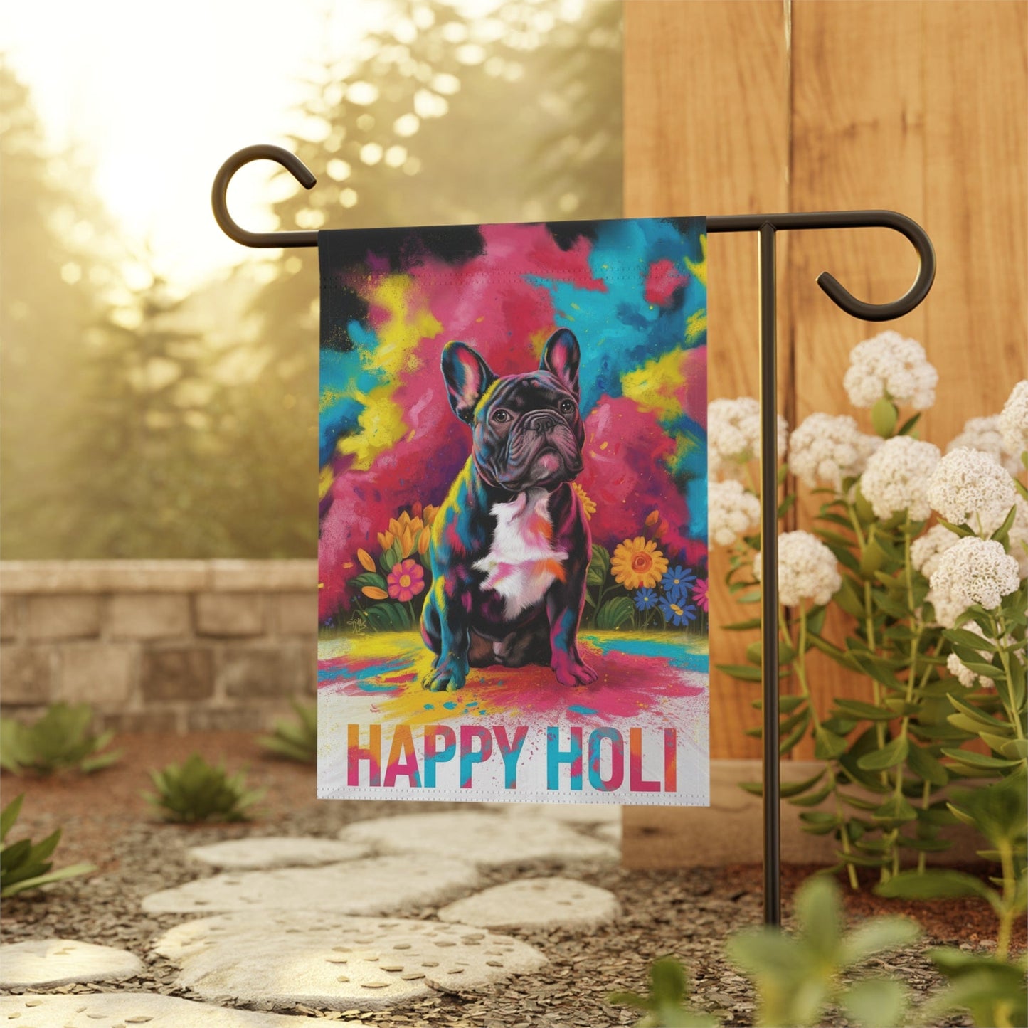 Printify Home Decor Black French Bulldog Holi Garden Flag, Indian Spring Festival, Dog Lovers Yard Outside Decor