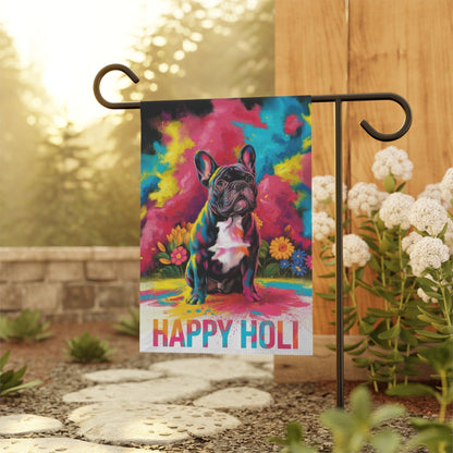 Printify Home Decor Black French Bulldog Holi Garden Flag, Indian Spring Festival, Dog Lovers Yard Outside Decor