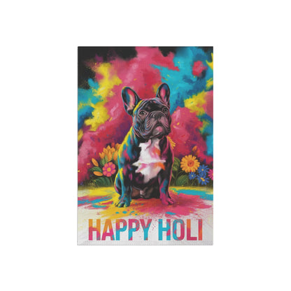 Printify Home Decor Black French Bulldog Holi Garden Flag, Indian Spring Festival, Dog Lovers Yard Outside Decor