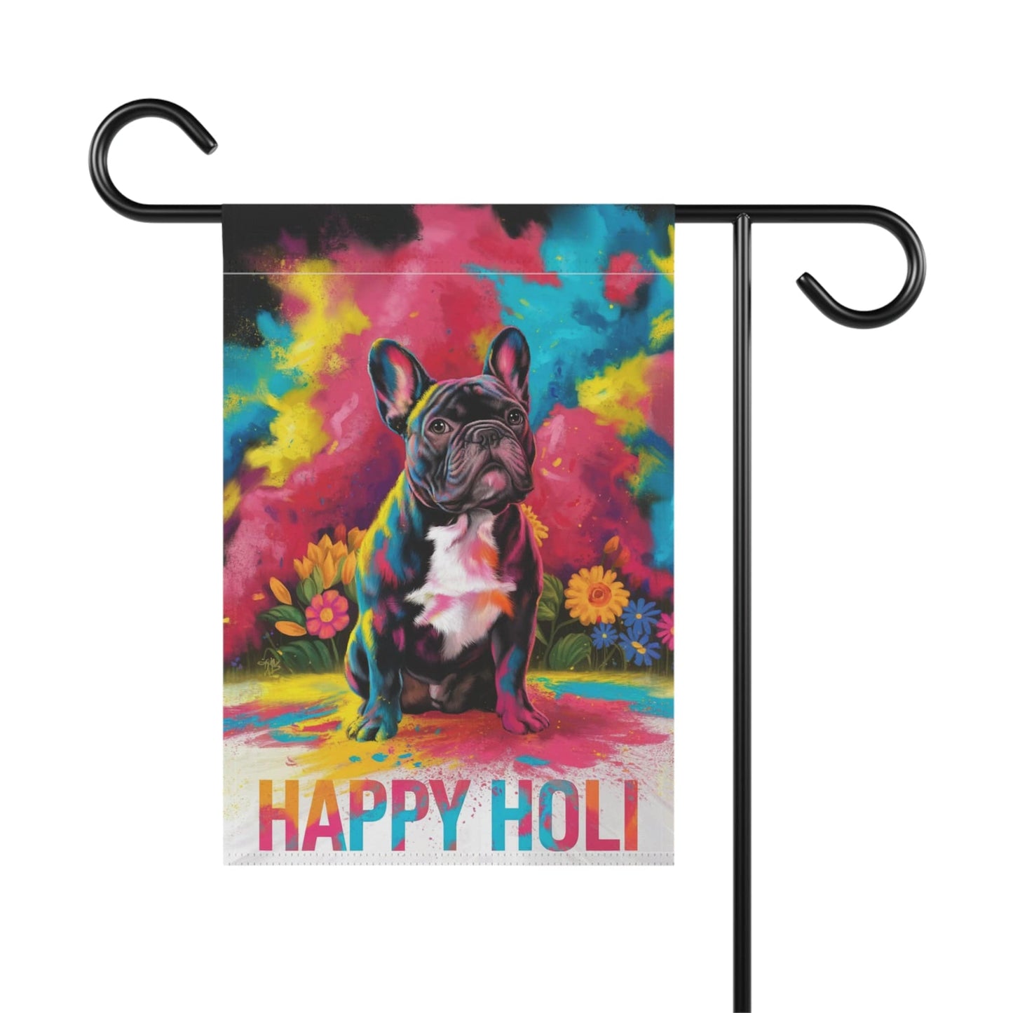Printify Home Decor Black French Bulldog Holi Garden Flag, Indian Spring Festival, Dog Lovers Yard Outside Decor