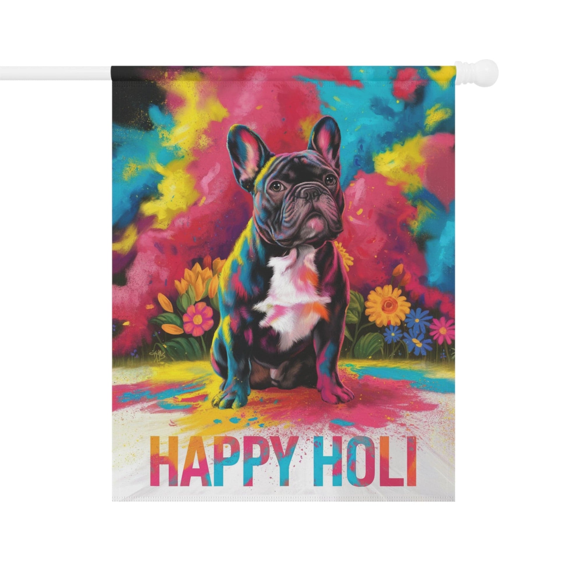Printify Home Decor 24.5'' × 32'' Black French Bulldog Holi Garden Flag, Indian Spring Festival, Dog Lovers Yard Outside Decor