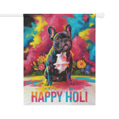 Printify Home Decor 24.5'' × 32'' Black French Bulldog Holi Garden Flag, Indian Spring Festival, Dog Lovers Yard Outside Decor