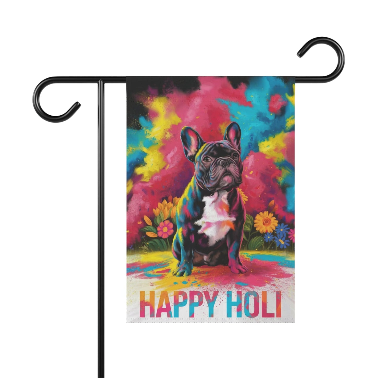 Printify Home Decor 12'' × 18'' Black French Bulldog Holi Garden Flag, Indian Spring Festival, Dog Lovers Yard Outside Decor