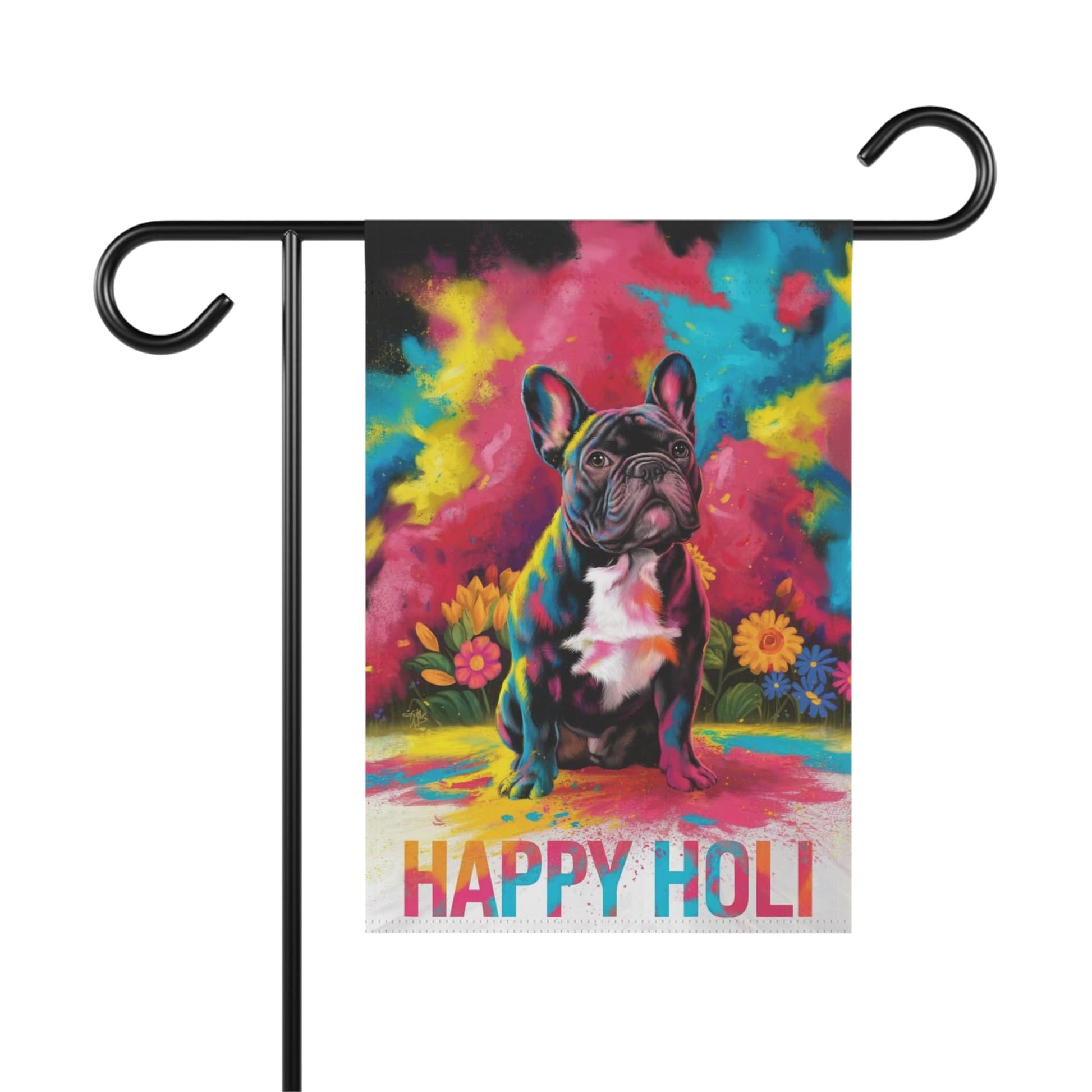 Printify Home Decor 12'' × 18'' Black French Bulldog Holi Garden Flag, Indian Spring Festival, Dog Lovers Yard Outside Decor