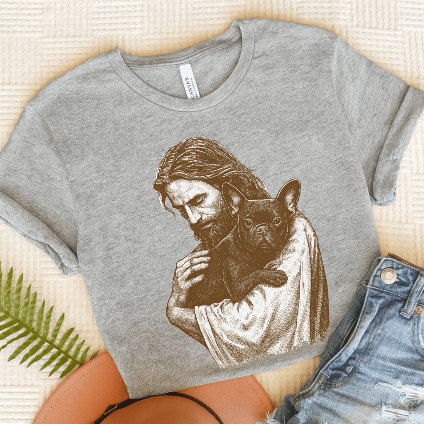 Black French Bulldog Jesus TShirt Athletic Heather
