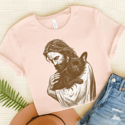 Black French Bulldog Jesus TShirt Soft Pink