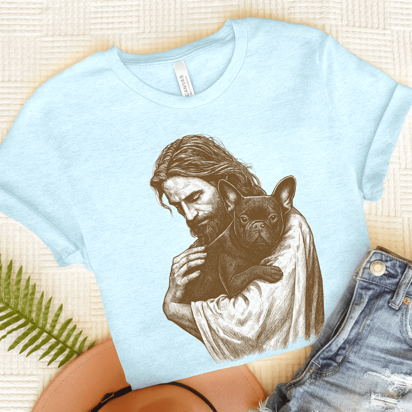 Black French Bulldog Jesus TShirt Heather Ice Blue