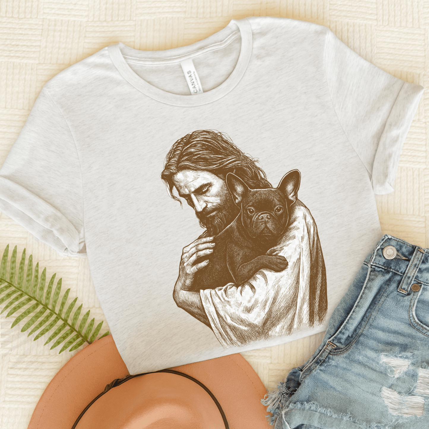 Black French Bulldog Jesus TShirt Ash