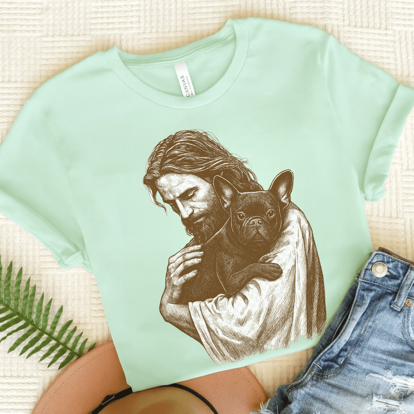 Black French Bulldog Jesus TShirt Heather Mint