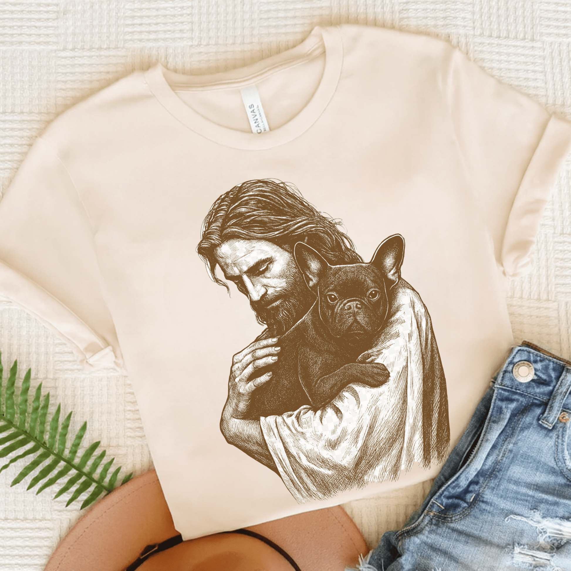 Black French Bulldog Jesus TShirt Natural