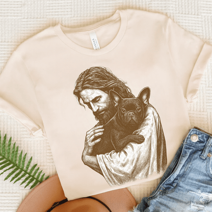 Black French Bulldog Jesus TShirt Natural