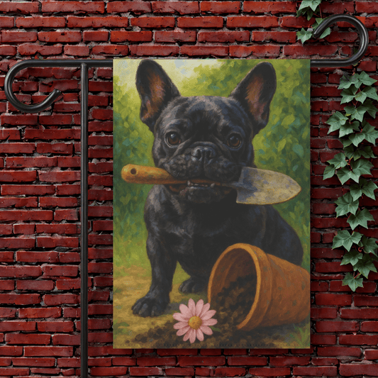 Black French Bulldog Little Gardener Garden Flag 12'' × 18''