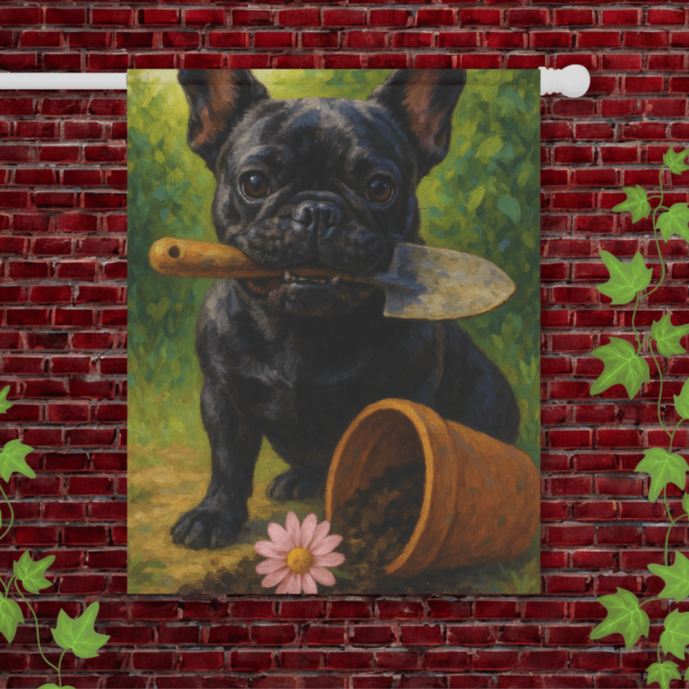 Black French Bulldog Little Gardener Garden Flag 24.5'' × 32''