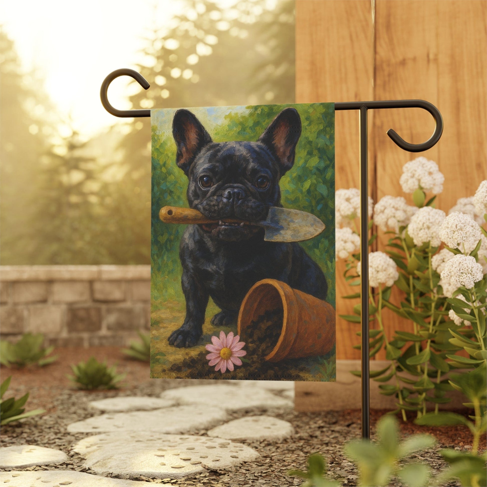 Black French Bulldog Little Gardener Garden Flag
