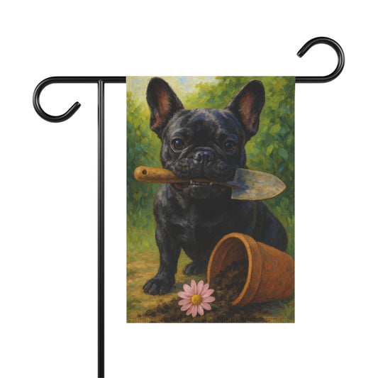 Black French Bulldog Little Gardener Garden Flag