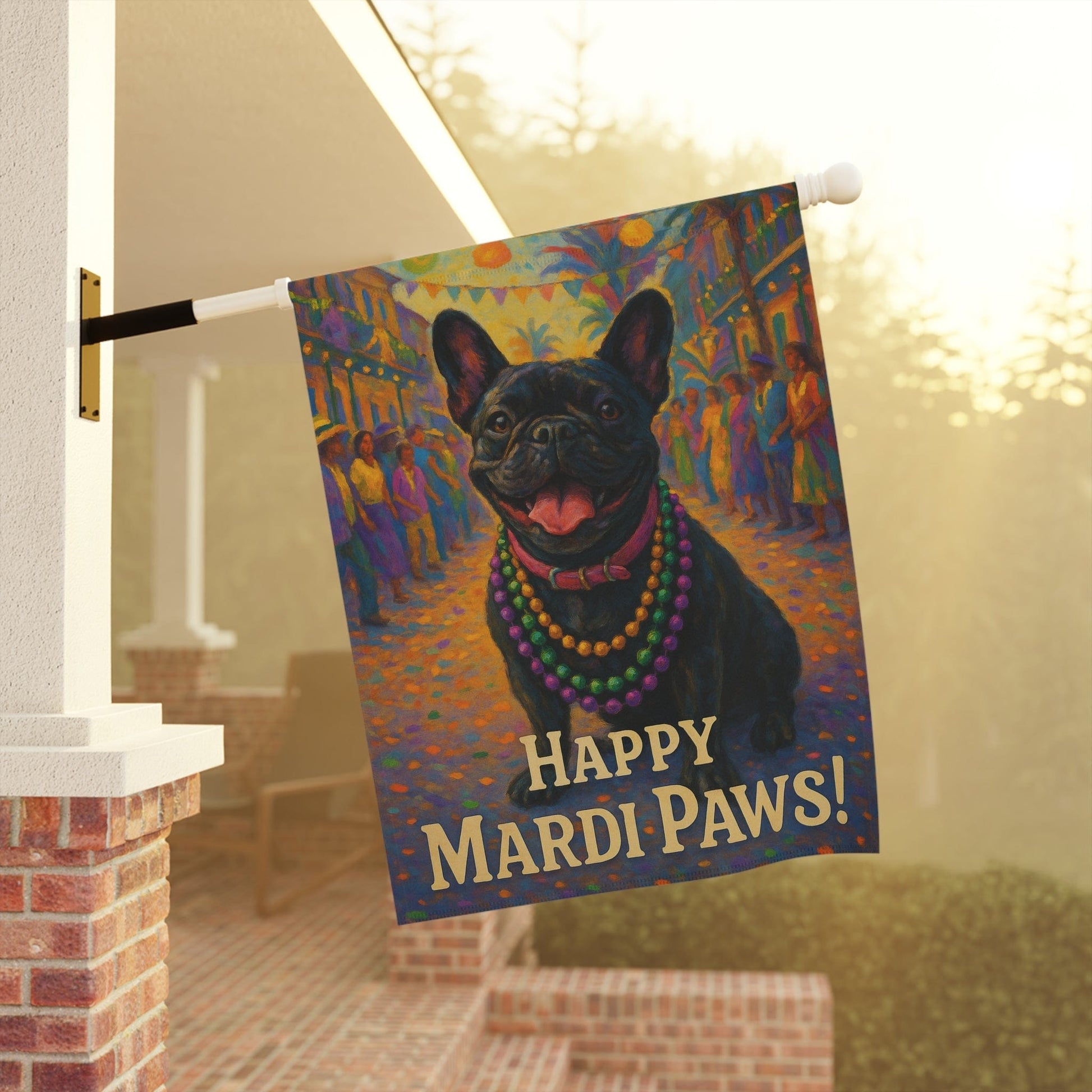 Black French Bulldog Mardi Gras Paws Garden Flag