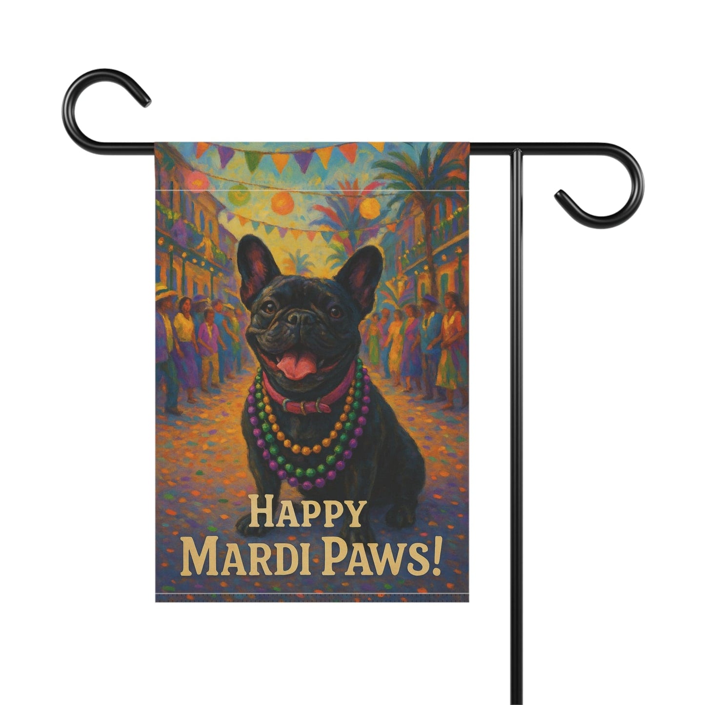 Black French Bulldog Mardi Gras Paws Garden Flag