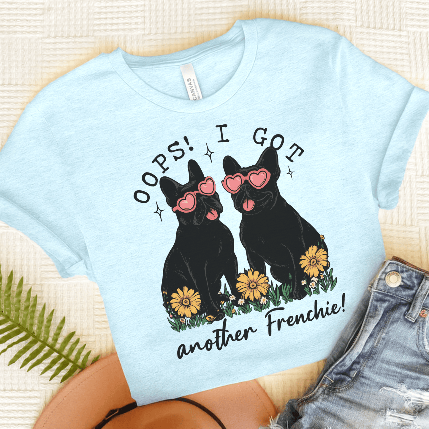 Black French Bulldog Oops TShirt Heather Ice Blue