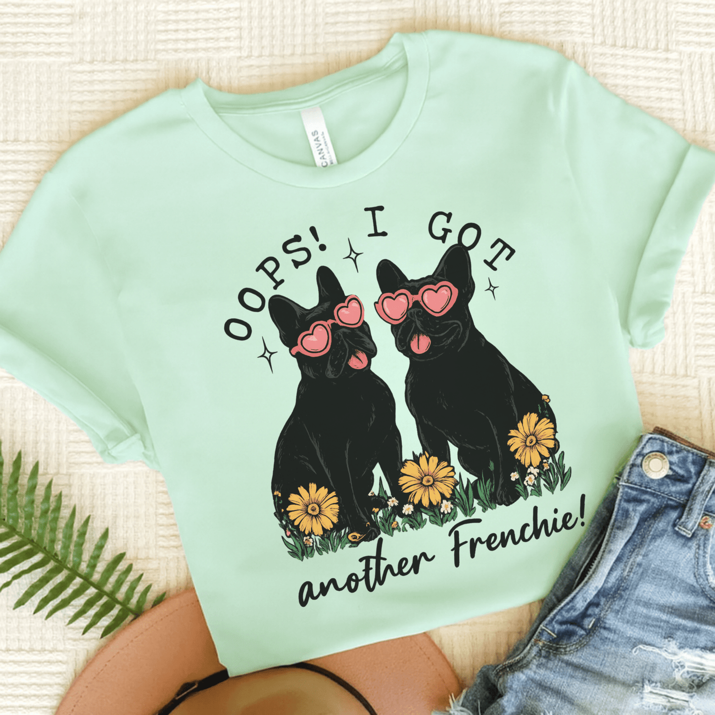 Black French Bulldog Oops TShirt Heather Mint
