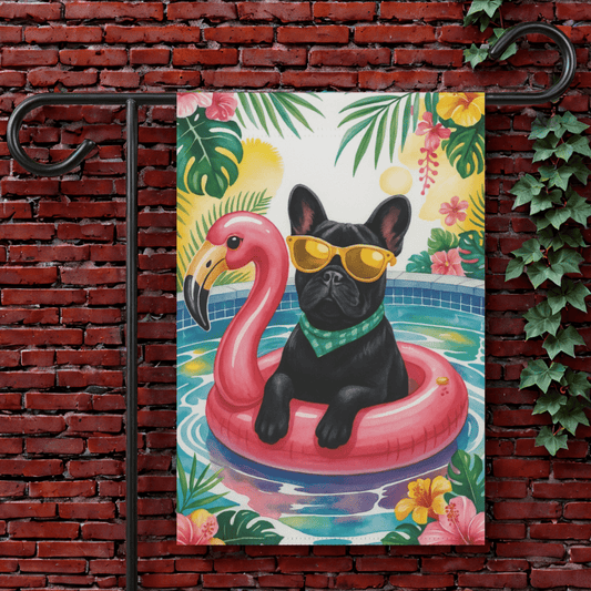 Black French Bulldog Pool Garden Flag 12'' × 18''
