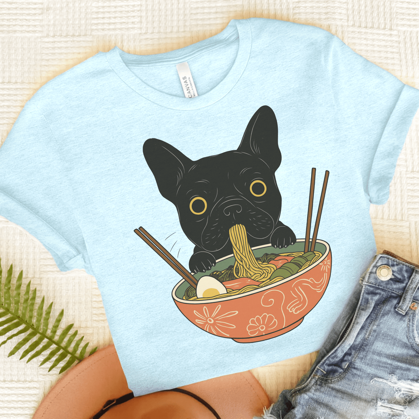 Printify T-Shirt Heather Ice Blue / S Black French Bulldog Ramen TShirt