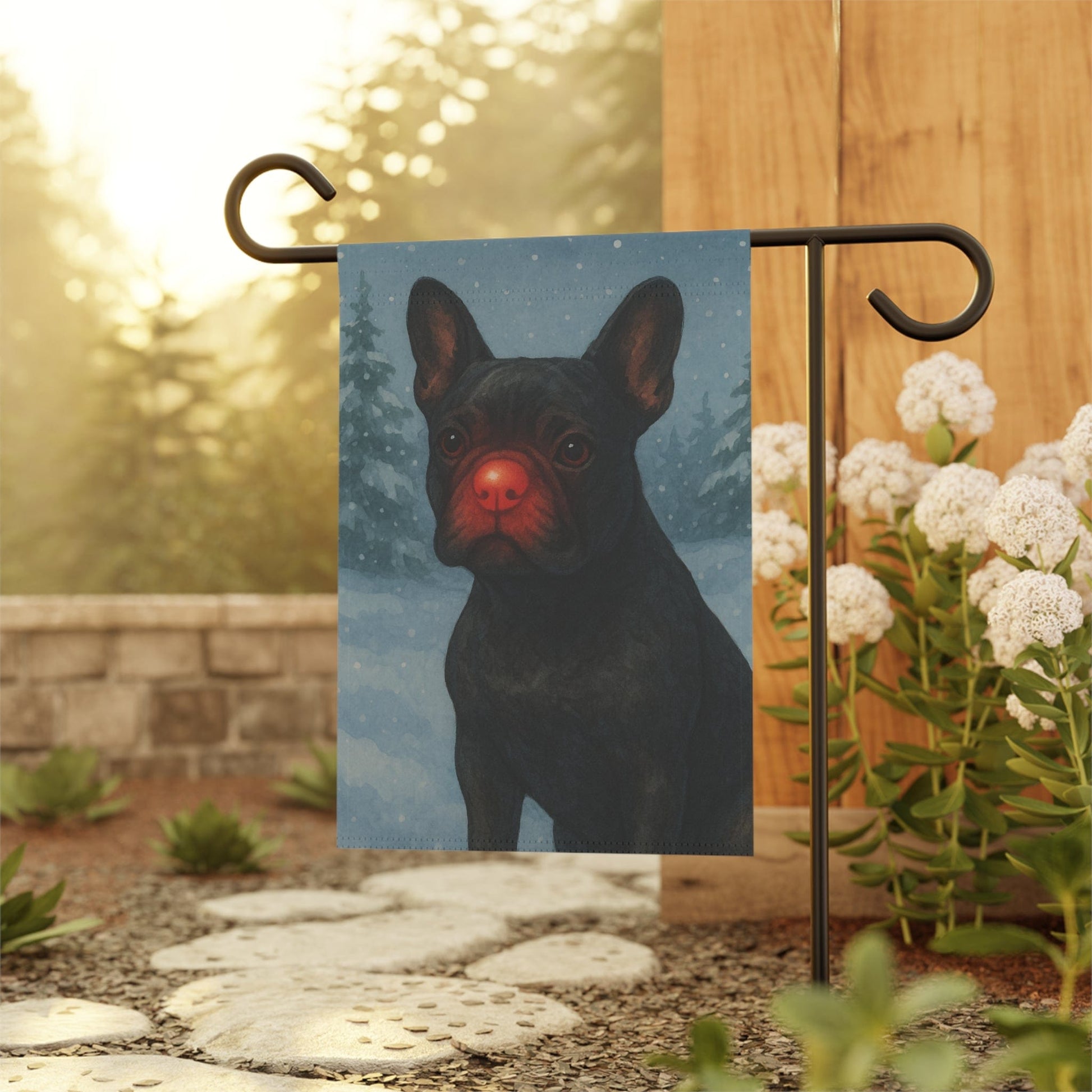 Black French Bulldog Reindeer Garden Flag