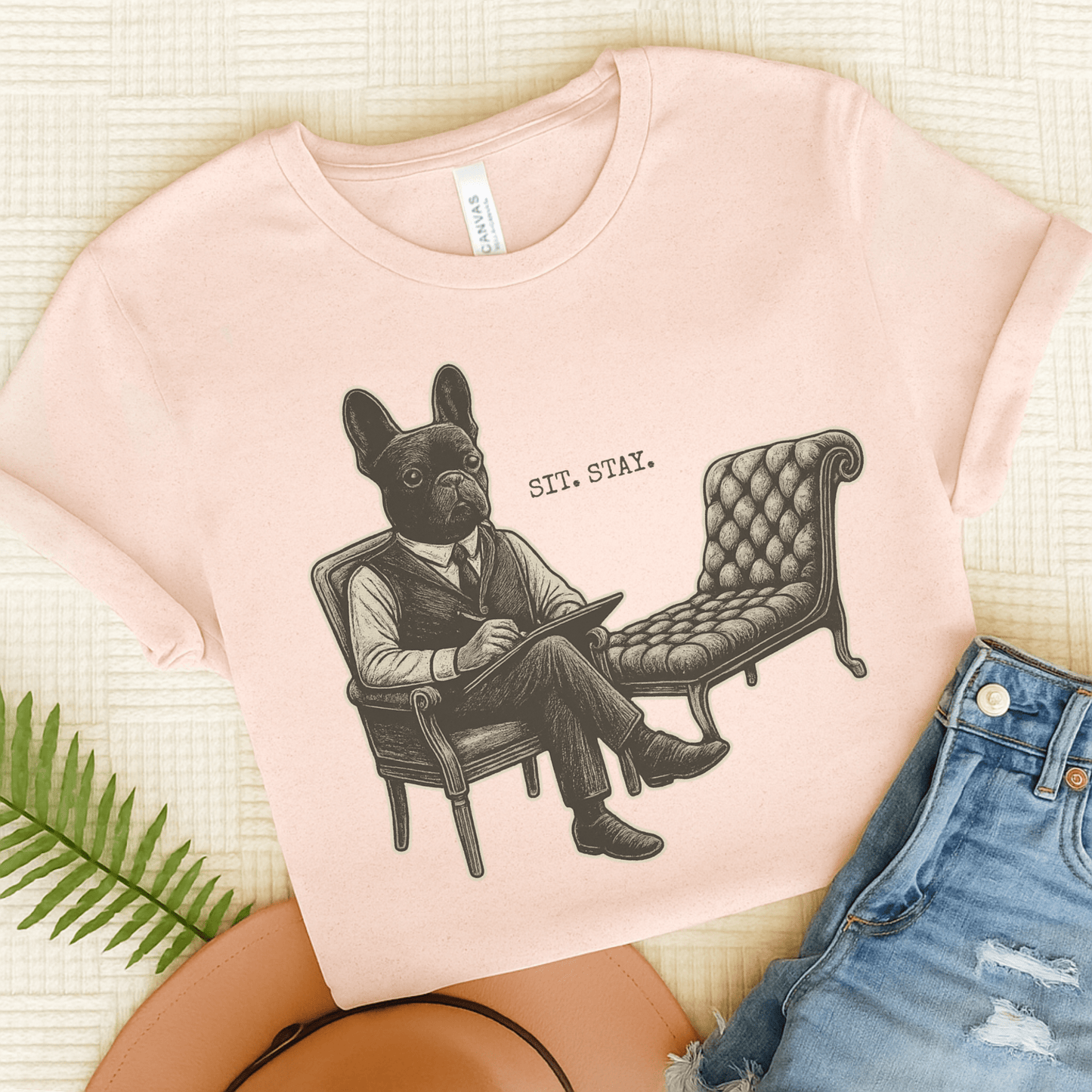 Printify T-Shirt Soft Pink / S Black French Bulldog Sit Stay TShirt