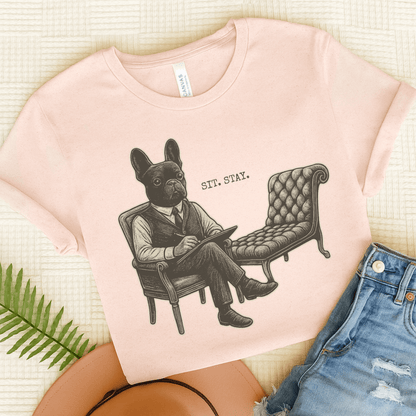 Printify T-Shirt Soft Pink / S Black French Bulldog Sit Stay TShirt