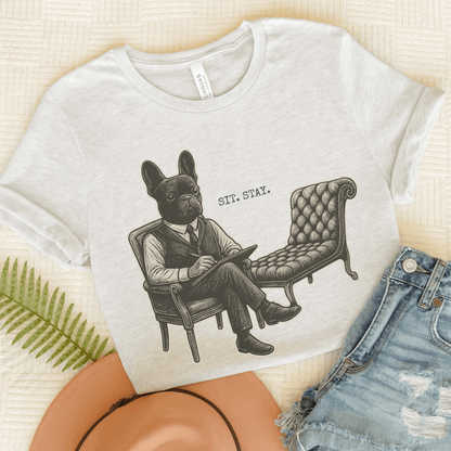 Printify T-Shirt Ash / S Black French Bulldog Sit Stay TShirt