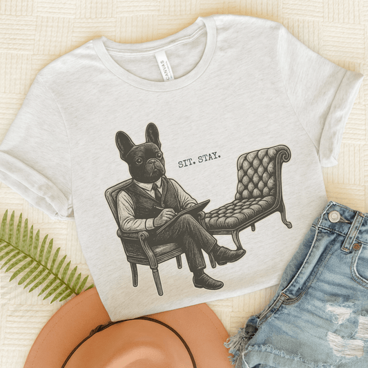 Printify T-Shirt Ash / S Black French Bulldog Sit Stay TShirt